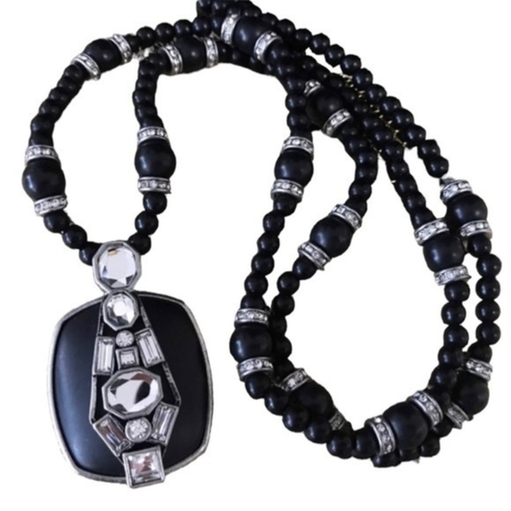 Lia Sophia CIVIC Retired Silver Black Beaded long pendant necklace w/rhinestones